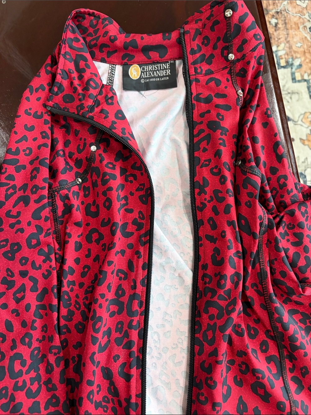 Christine Alexander Red and Black Leopard Zip-Up Jacket with Stud Accents